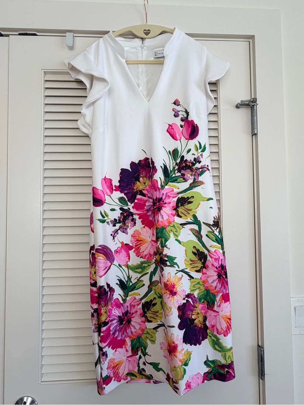 New York & Company White Floral V-Neck A-Line Dress with Pink and Green Print